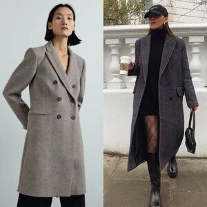Zara Manteco Coat Double Breasted Wool Blend Lapel Overcoat